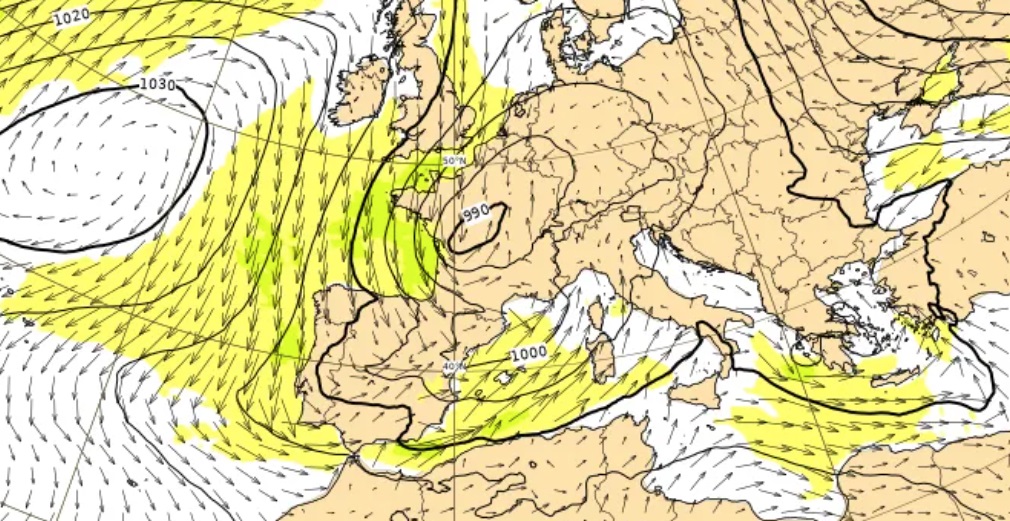 Carte météorologique européenne, isobares et vents.
