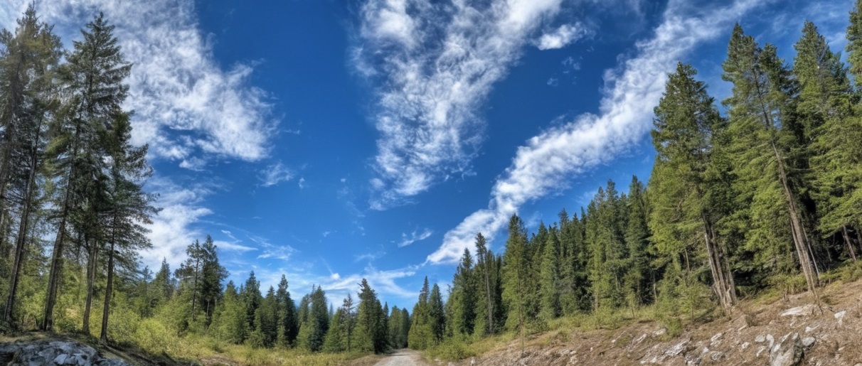 Forêt de conifères et ciel bleu.