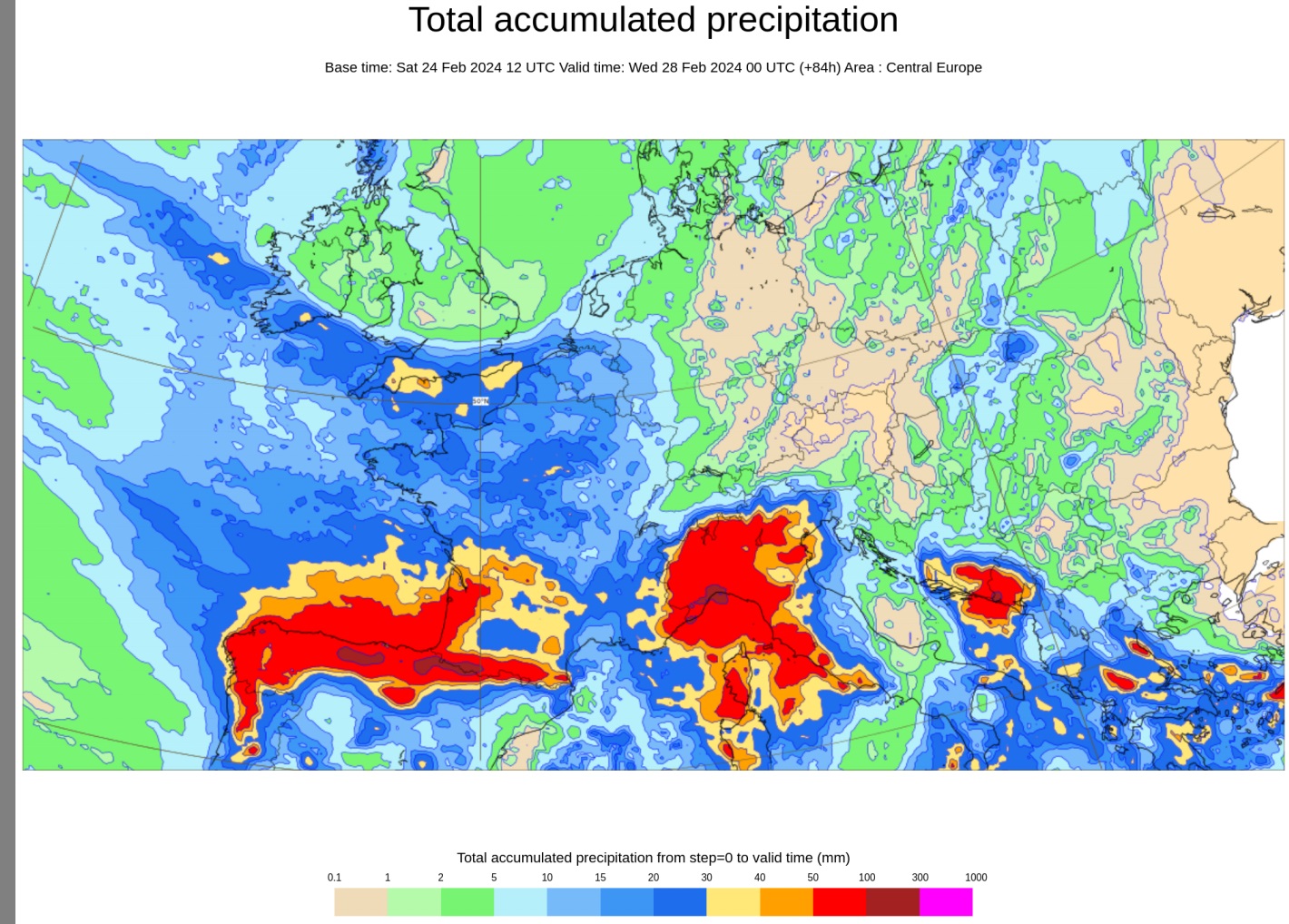 Carte européenne des précipitations accumulées.