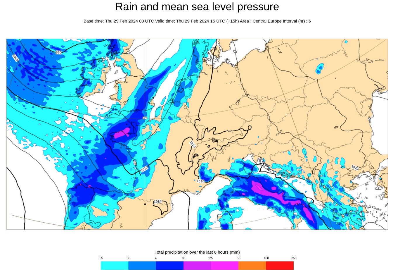 Carte météo pluie et pression Europe.