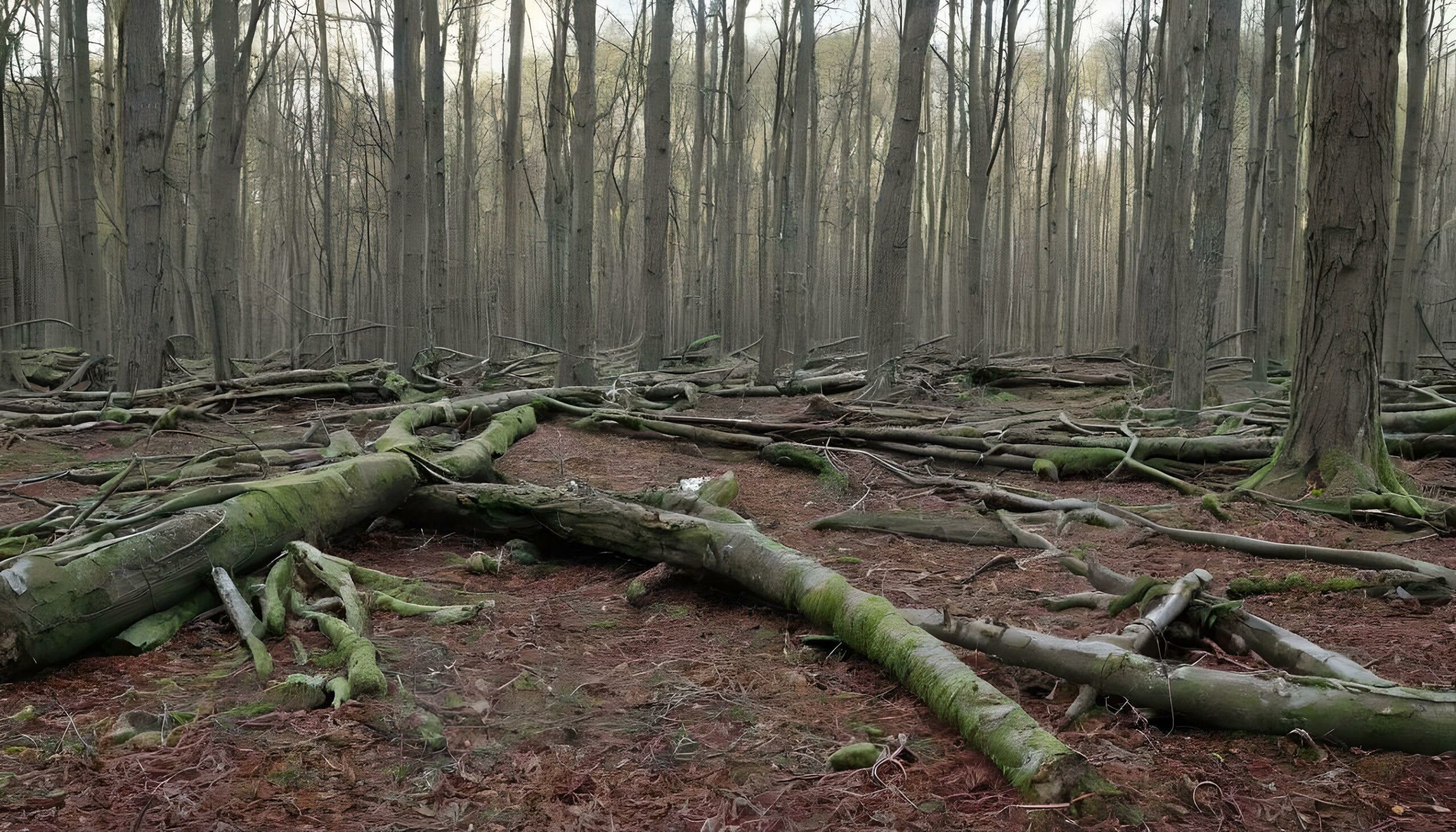 Forêt avec arbres nus et troncs au sol.
