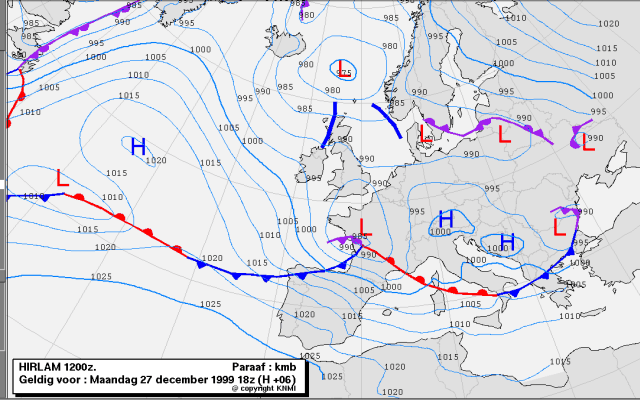 Tempête 99 Carte météorologique des pressions et fronts en Europe.