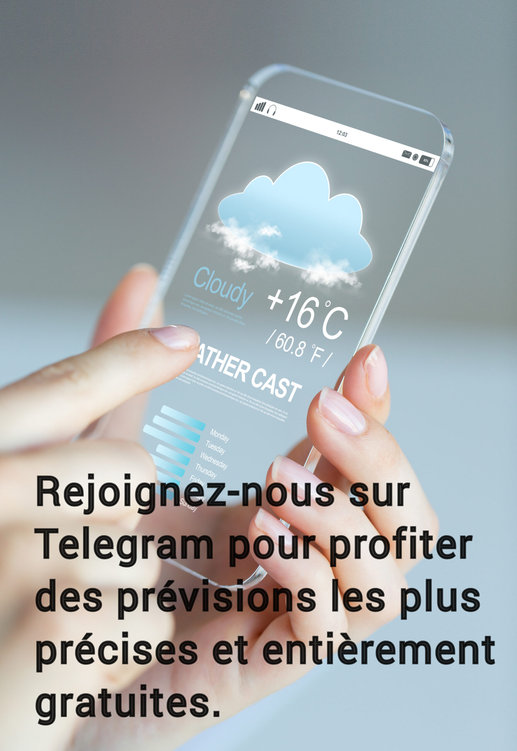 Smartphone affichant météo et invitation Telegram.