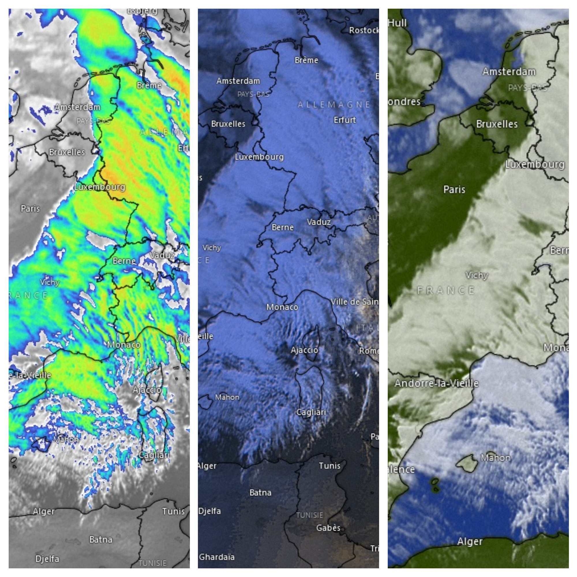 Trois images satellites météorologiques de l'Europe occidentale.