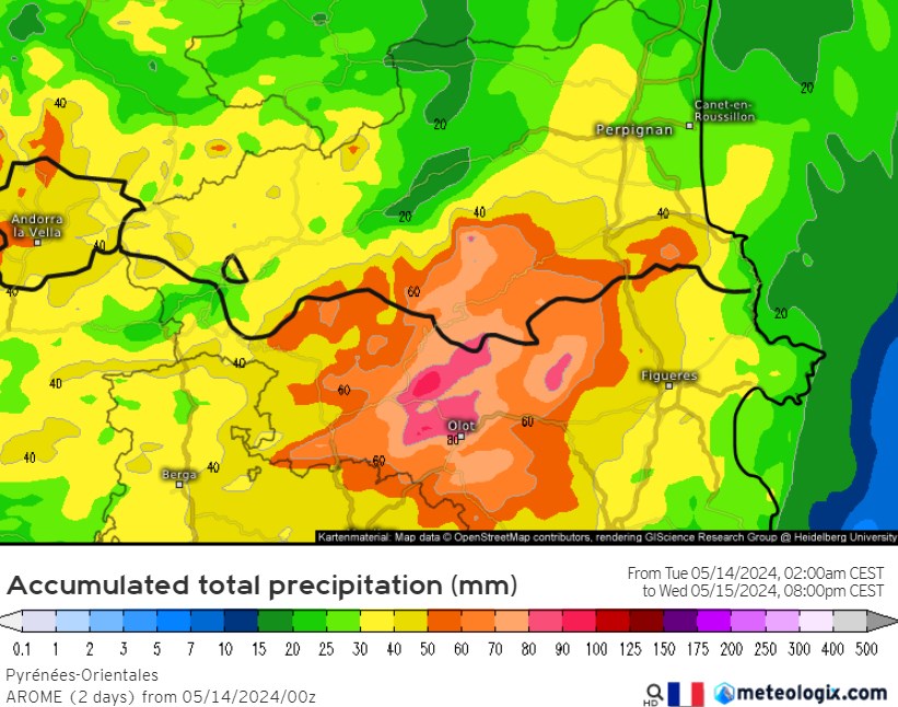 Carte précipitations cumulées, Pyrénées-Orientales, couleurs variées.