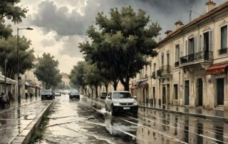Rue urbaine sous pluie battante, voitures, reflets.