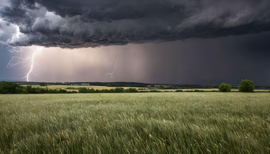 Champ de blé sous un orage éclairé par éclairs