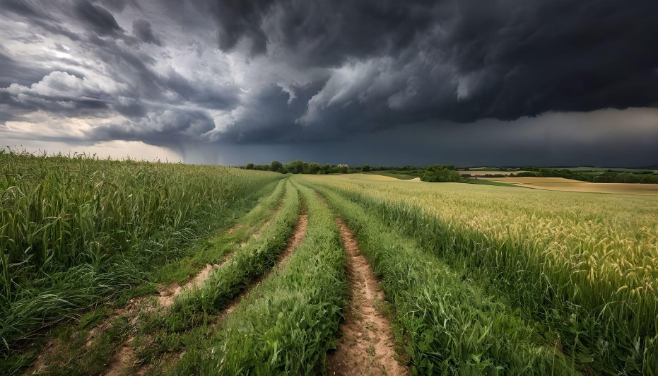 Champ verdoyant sous un ciel orageux menaçant