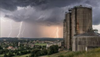 Silos industriels sous un ciel orageux avec éclairs