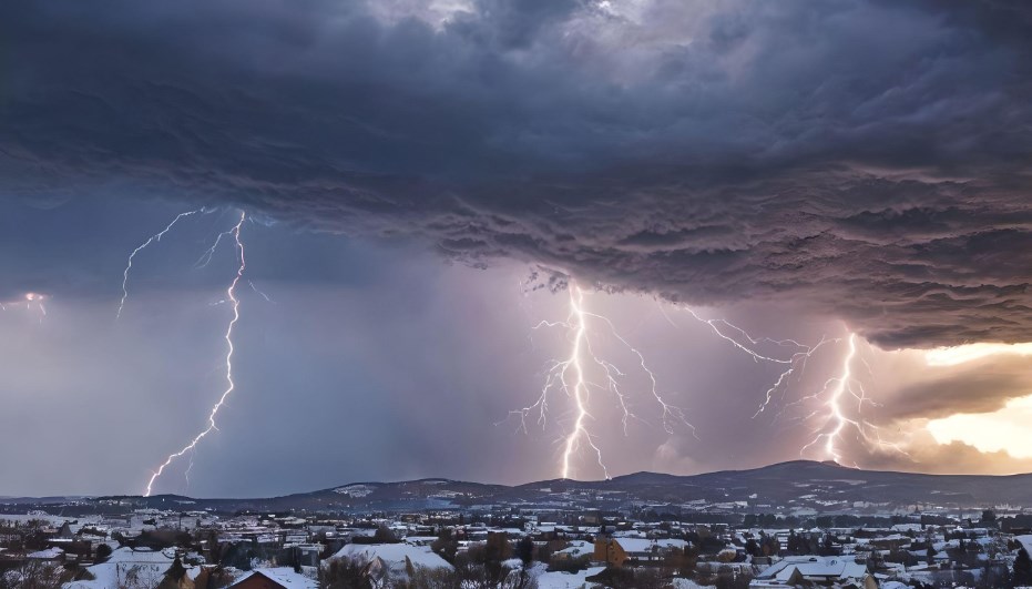 Orage éclairant ciel au-dessus ville enneigée