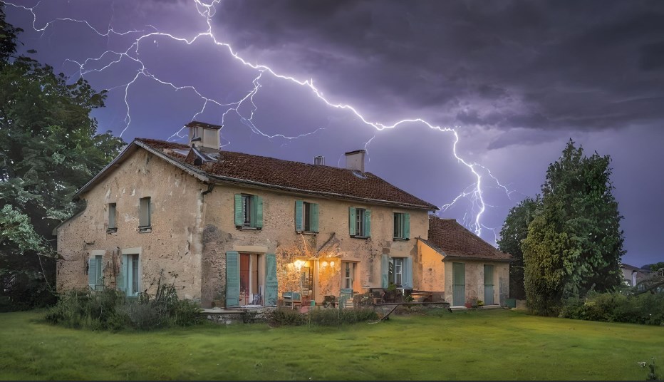 Maison ancienne sous un orage éclairé par la foudre