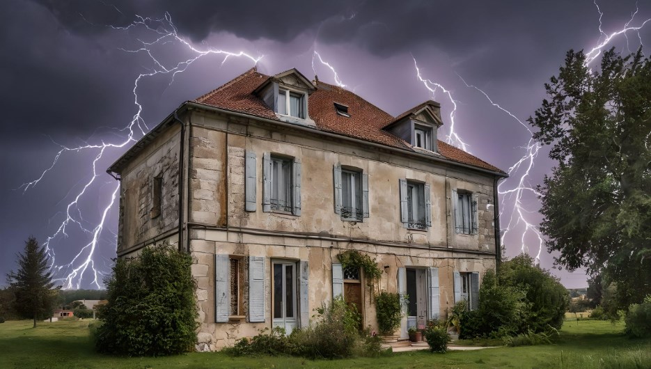 Maison ancienne sous un orage éclairé par des éclairs