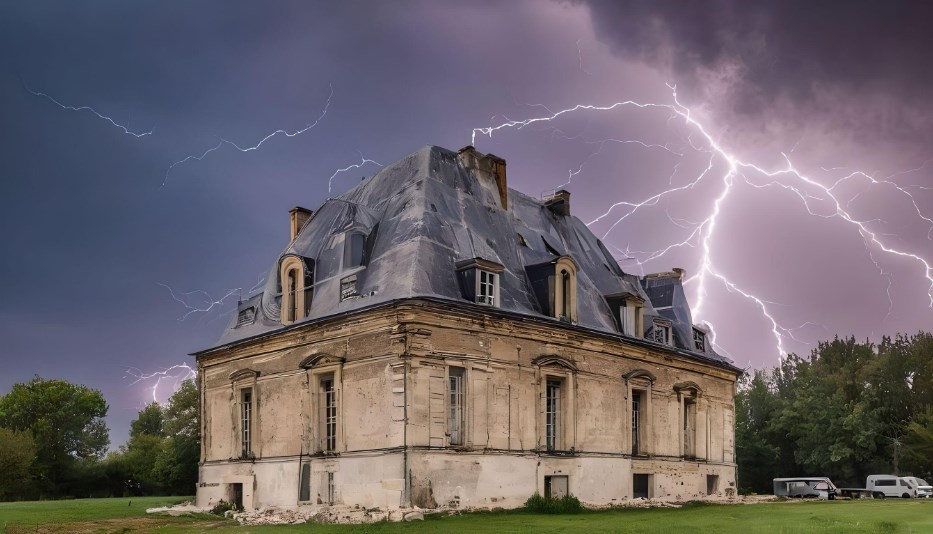 Manoir ancien sous orage éclairé par éclairs