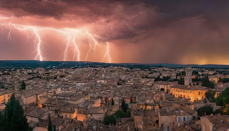 Ville ancienne sous un ciel orageux avec éclairs