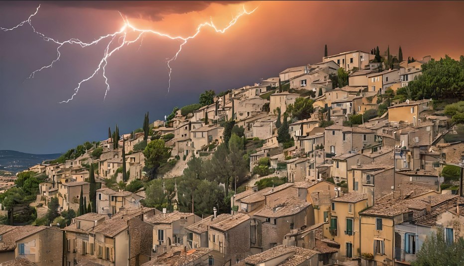 Village ancien sous orage avec éclairs.