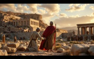 Deux hommes en toge regardent Athènes antique.