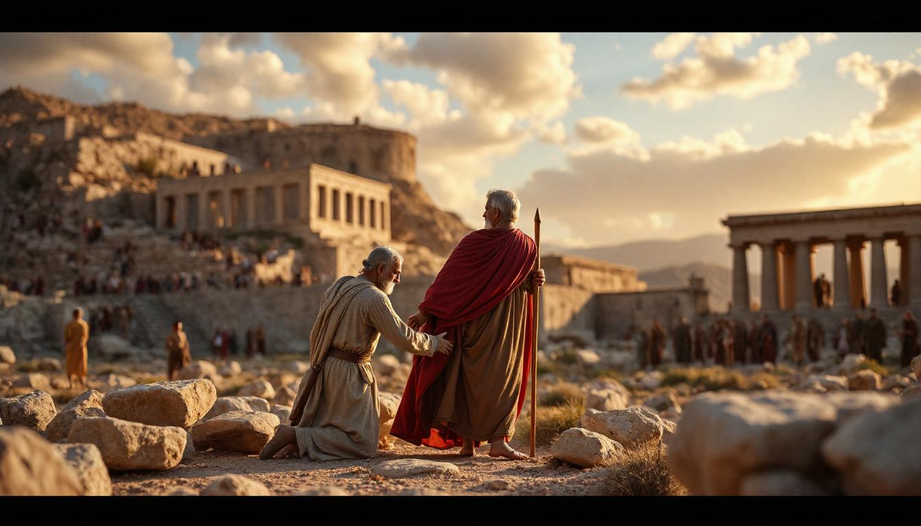 Deux hommes en toge regardent Athènes antique.