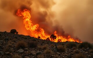 Incendie violent dans un paysage aride