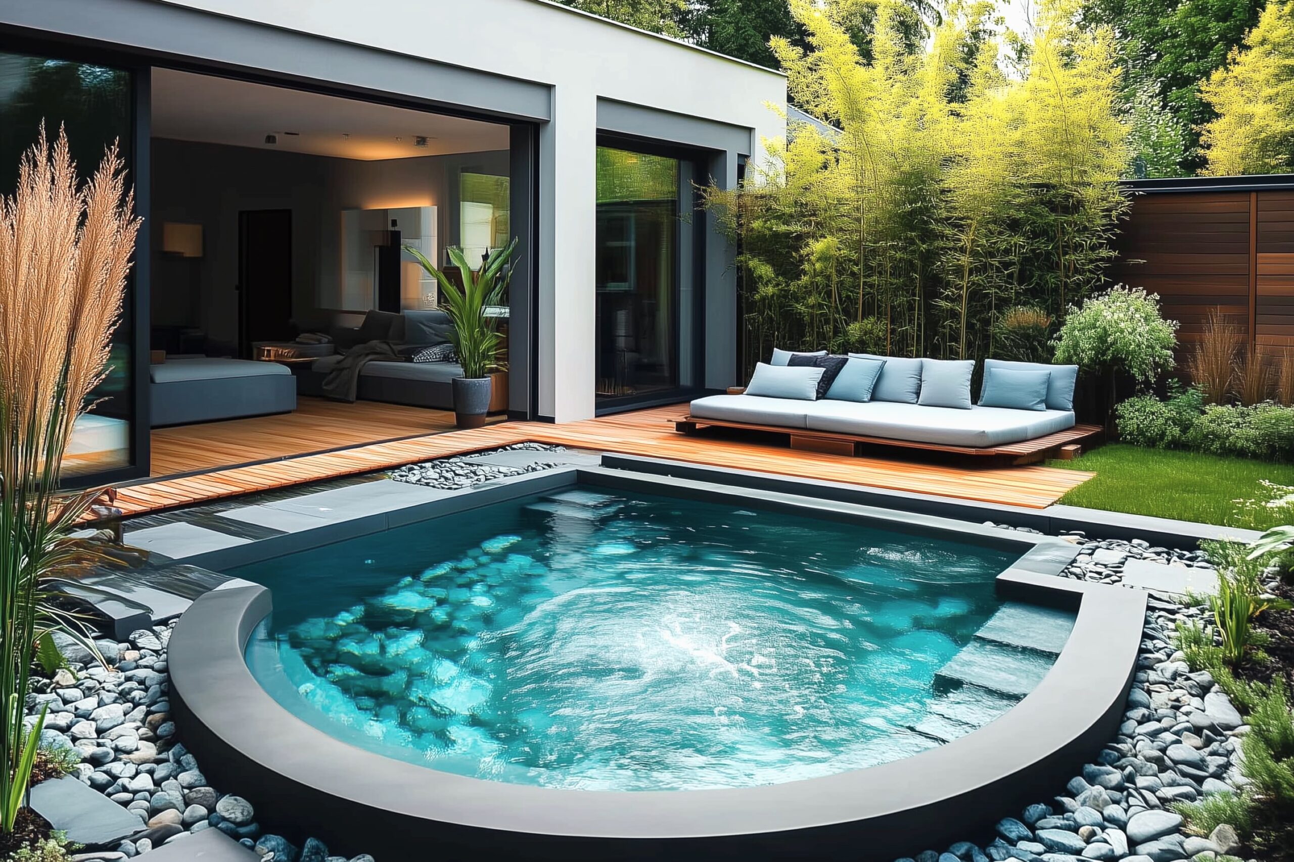 Maison moderne avec piscine et jardin luxuriant