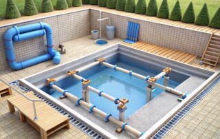 Piscine extérieure entourée d'équipements de filtration