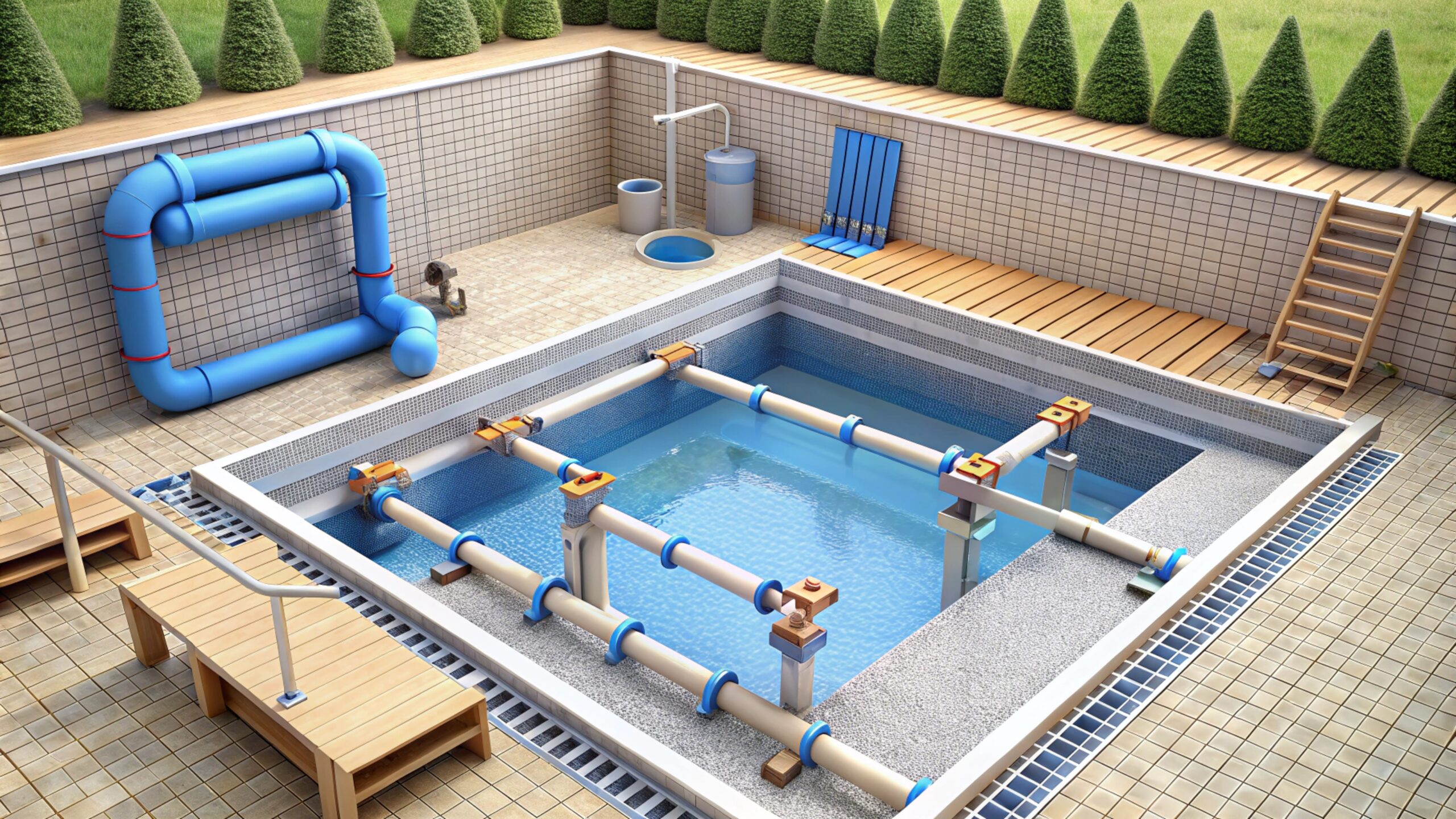 Piscine extérieure entourée d'équipements de filtration