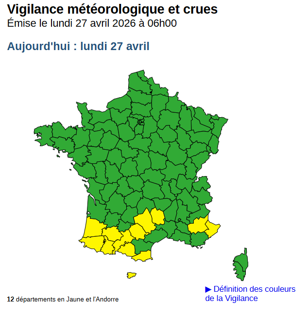 Vigilance du jour : Orages marqués sur le sud.
