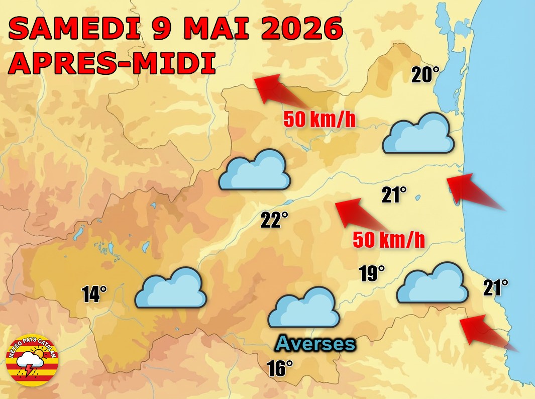 Météo du samedi : Soleil du matin, pluie du soir !Belles éclaircies ce samedi 9 mai 2026 sur les P.-O., mais le ciel se couvre rapidement. Les pluies arrivent en soirée, modérées sur la côte. Vent d'Est-Sud-Est assez fort en début d'après-midi. 