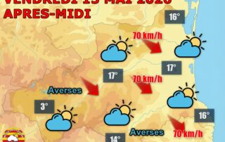 Ce vendredi 15 mai 2026, les Pyrénées-Orientales vivent sous la Tramontane avec des rafales entre 60 et 70 km/h. Le ciel hésite entre éclaircies et averses à l'Ouest. Des températures très fraîches pour la saison : 14 à 17°C seulement.