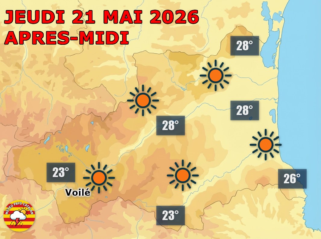 Ce jeudi 21 mai 2026, le ciel reste parfaitement dégagé sur les Pyrénées-Orientales, avec un vent d’est faible et des températures douces.