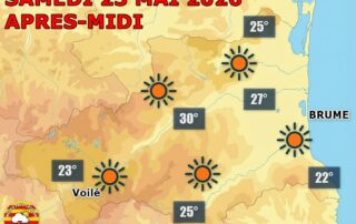 Samedi 23 mai, le ciel est largement dégagé sur les Pyrénées-Orientales, avec quelques nuages en fin de journée, brise faible d’est à nord-est et chaleur estivale avec de 26 à 29°C en plaine.