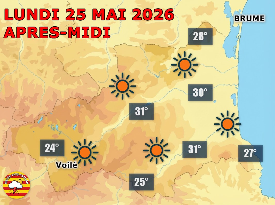 Météo du jour : Soleil et forte douceur sur le Roussillon. Ce lundi 25 mai, un grand ciel bleu s’impose des plages aux sommets avec un vent faible et des maximales de 28 à 31°C en plaine. Nuit suivante calme et douce.