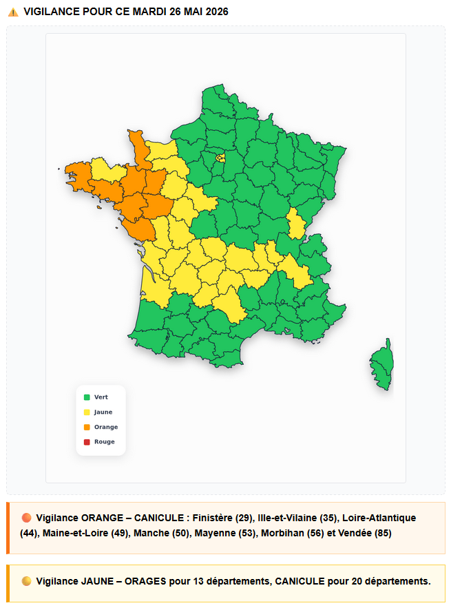 ⚠️ Vigilance pour ce mardi 26 mai 2026