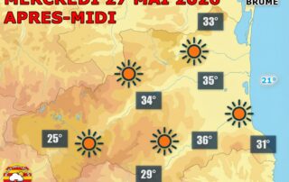 Météo du jour : Soleil et chaleur remarquable sur les Pyrénées-Orientales ce mercredi 27 mai. Ciel bleu, vent faible, jusqu’à de 32 à 36°C en plaine et nuits claires et douces.