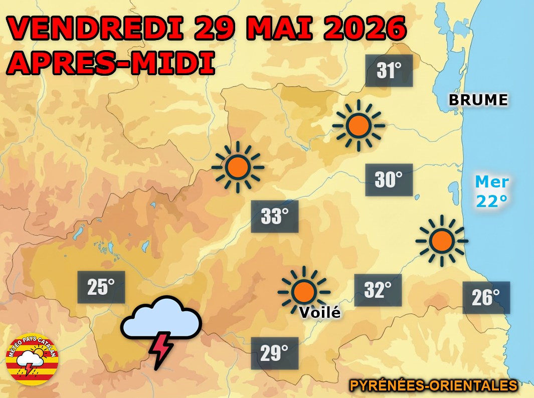 Soleil et chaleur intense ce vendredi 29 mai sur les #PyrénéesOrientales ! 30 à 33°C en plaine, orages possibles sur la Cerdagne l'après-midi.