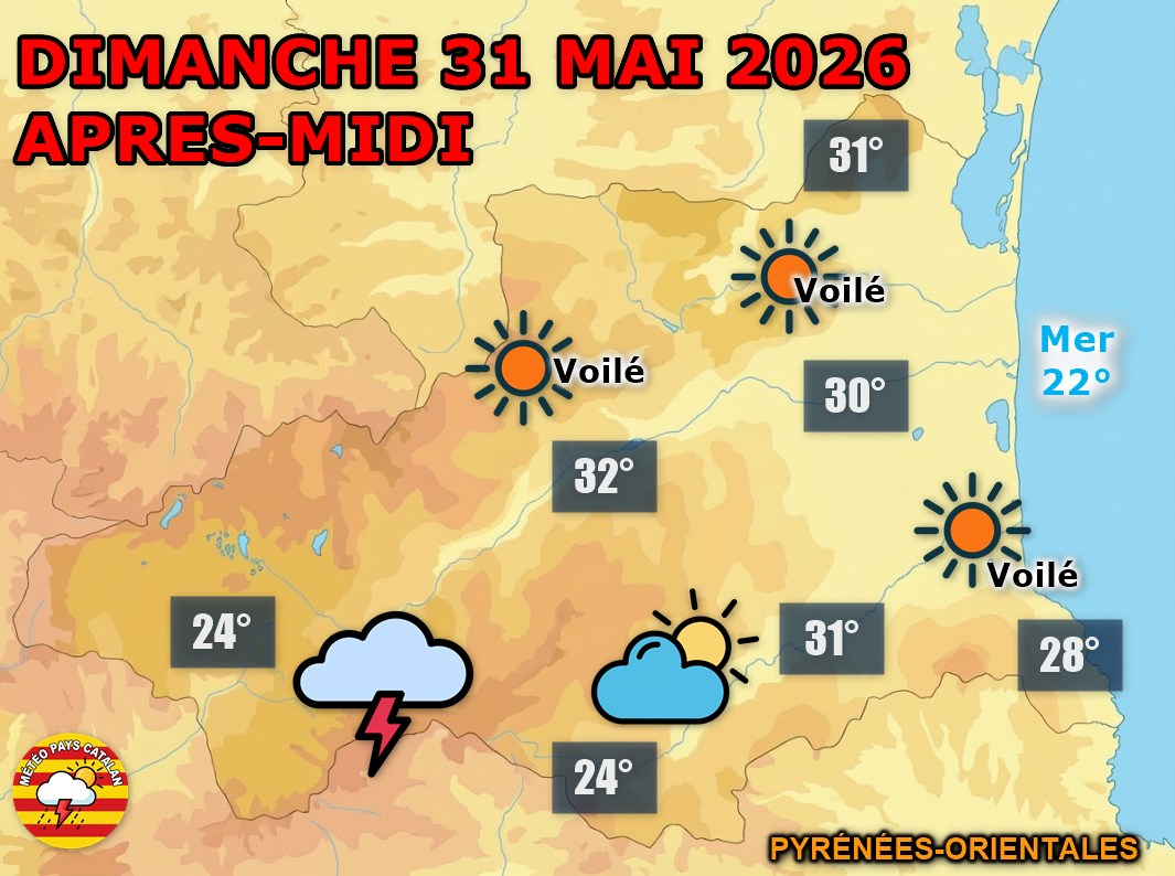 Ce dimanche 31 mai 2026, la matinée est ensoleillée sur les P.-O. avant des orages l'après-midi en Cerdagne et Vallespir.