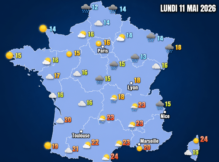 Ce lundi 11 mai 2026, la pluie traverse le nord. Les orages éclatent de l'Occitanie aux Alpes. Le soleil résiste près de la Méditerranée et en Bretagne.