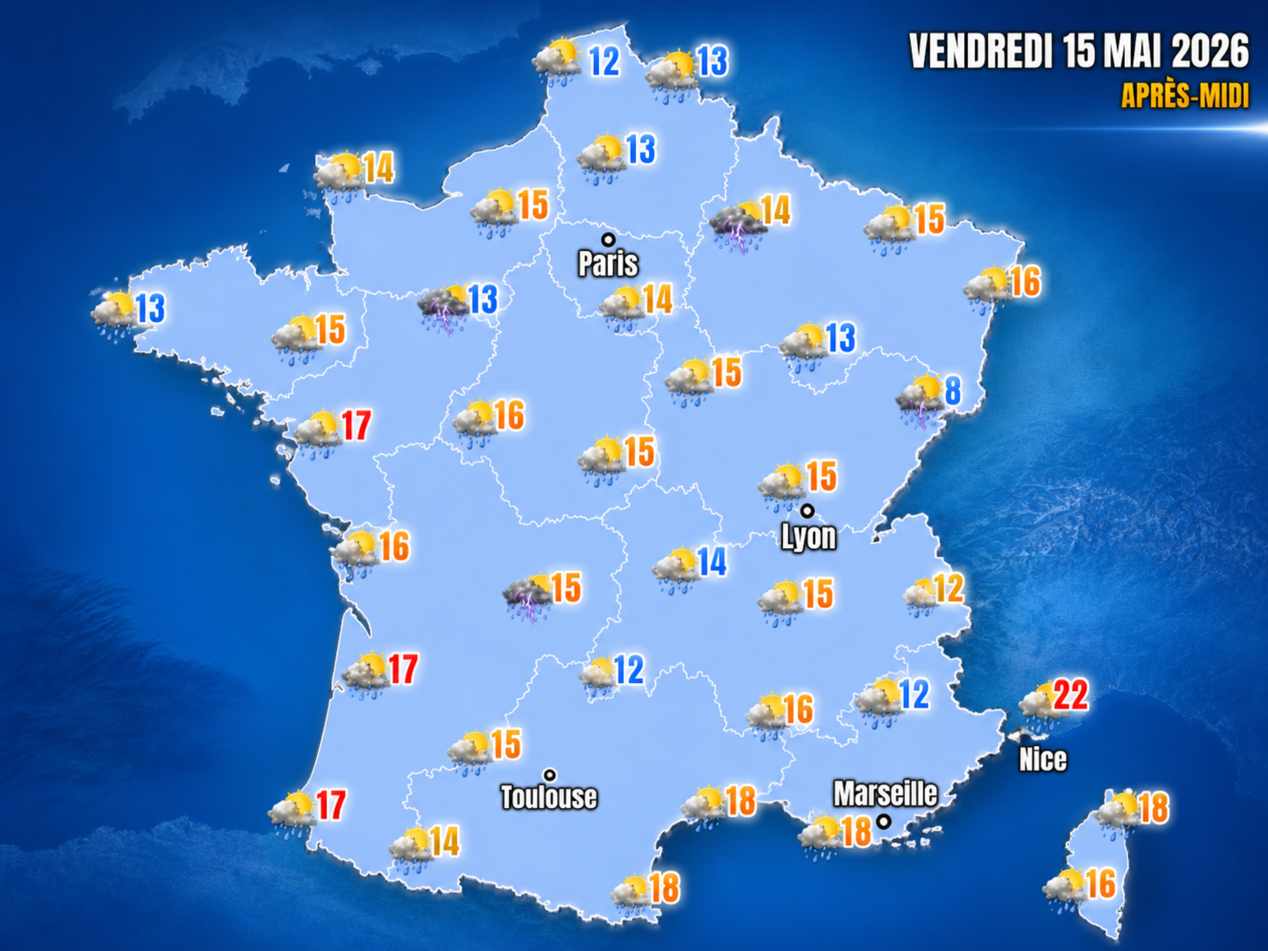 Ce vendredi 15 mai 2026, l'air polaire refroidit tout le territoire. Les averses et les nuages dominent largement.