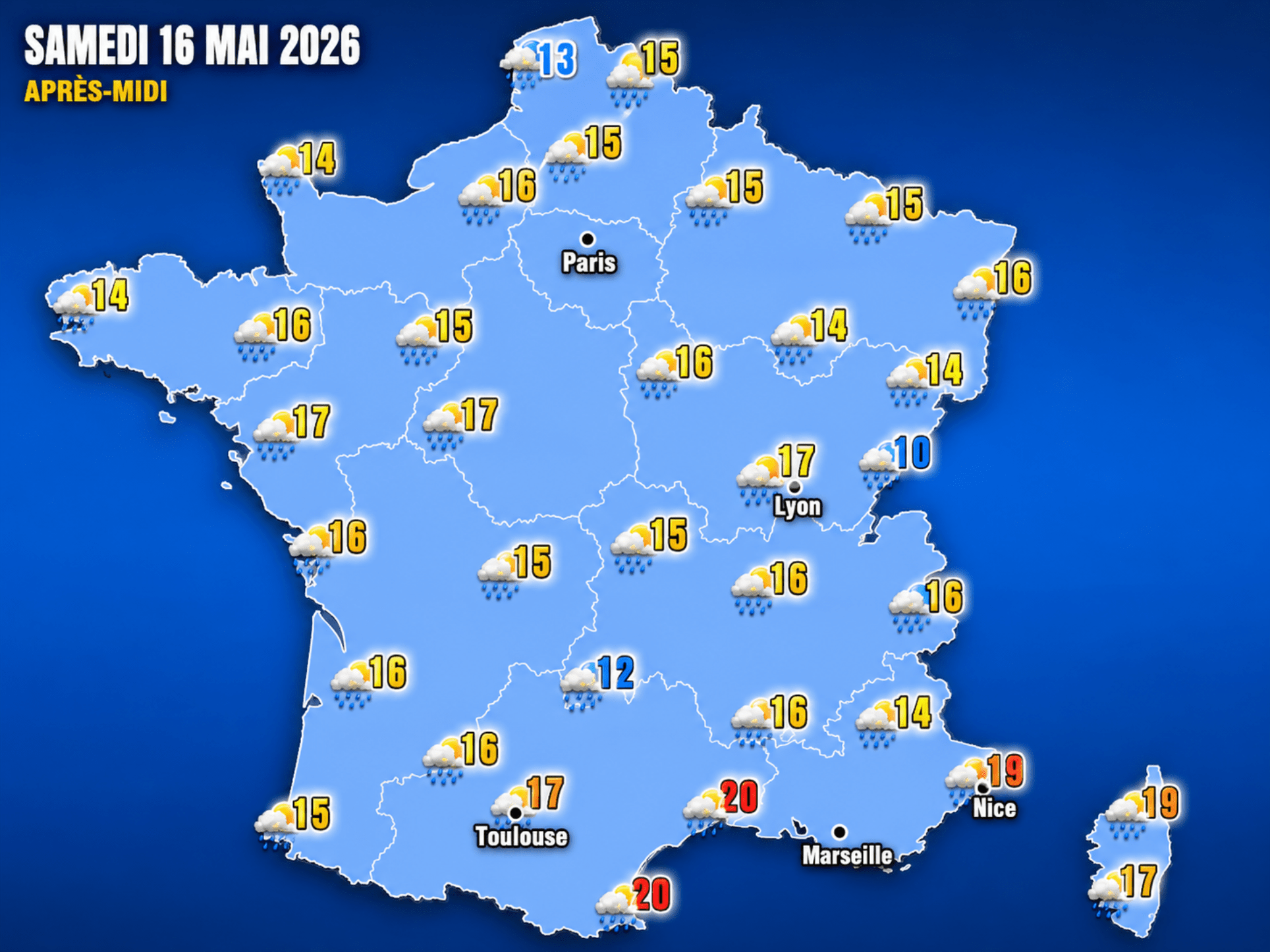 Ce samedi 16 mai 2026, l'instabilité apporte encore des nuages et quelques averses. Le vent souffle fort près de la Méditerranée. L'air reste très frais pour la saison.