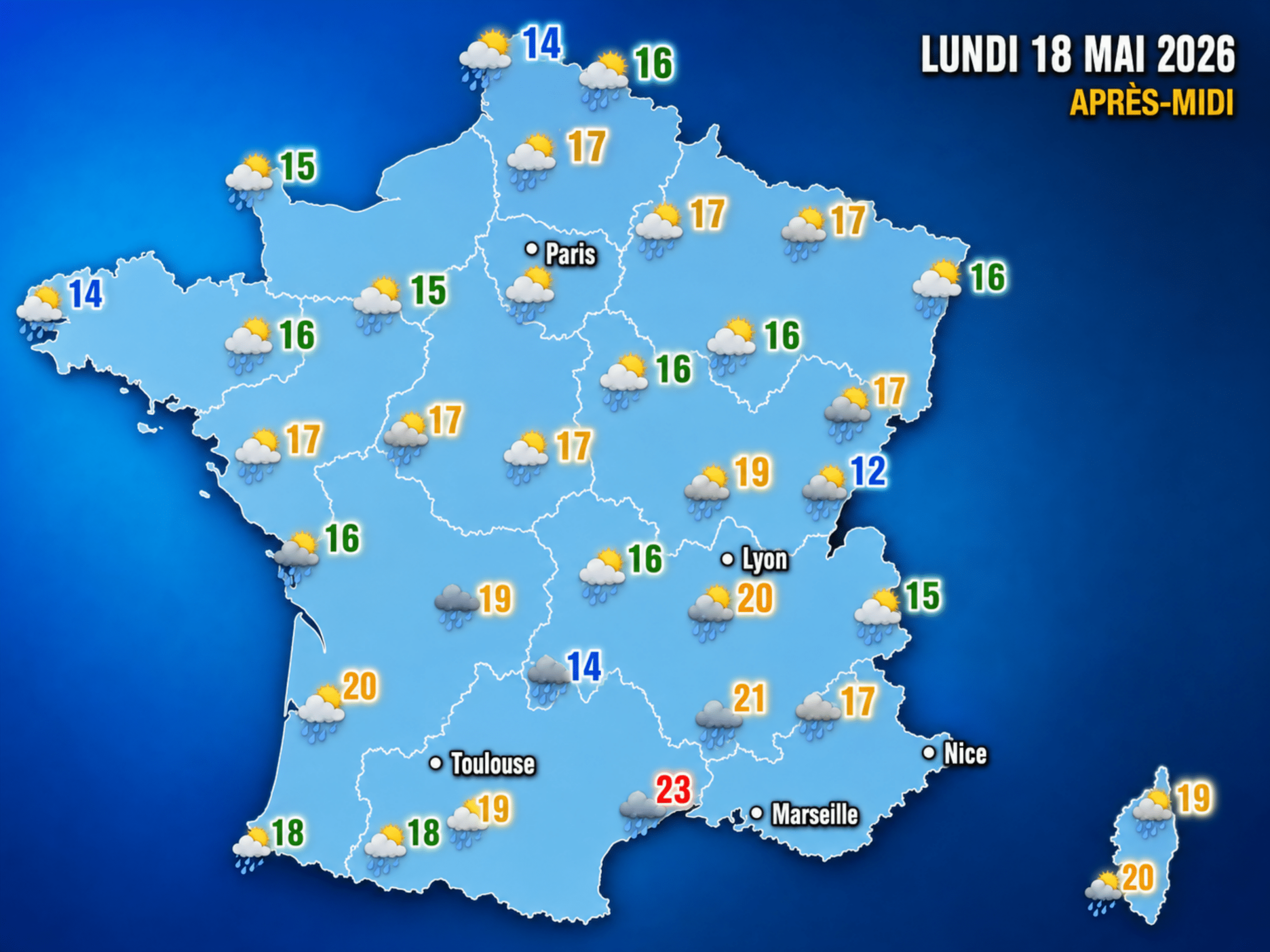 Ce lundi 18 mai 2026, la pluie arrose la moitié nord du territoire. Des orages éclatent localement sur l'est.