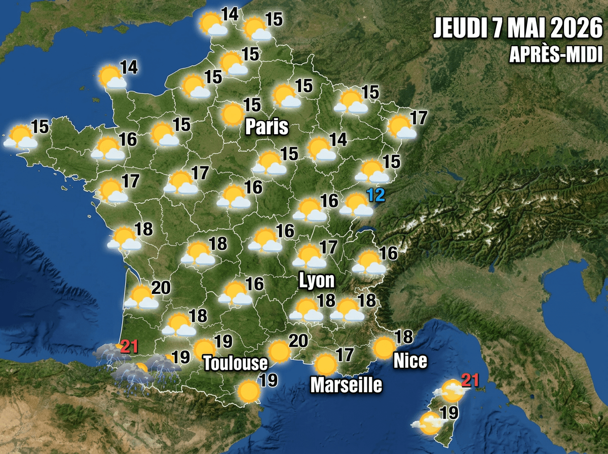 Ce jeudi 7 mai 2026 offre un ciel plus clément. Le sud s'éclaire, mais les montagnes gardent un risque d'averses. La douceur s'installe pour le week-end, avant le retour brutal de la pluie dimanche.