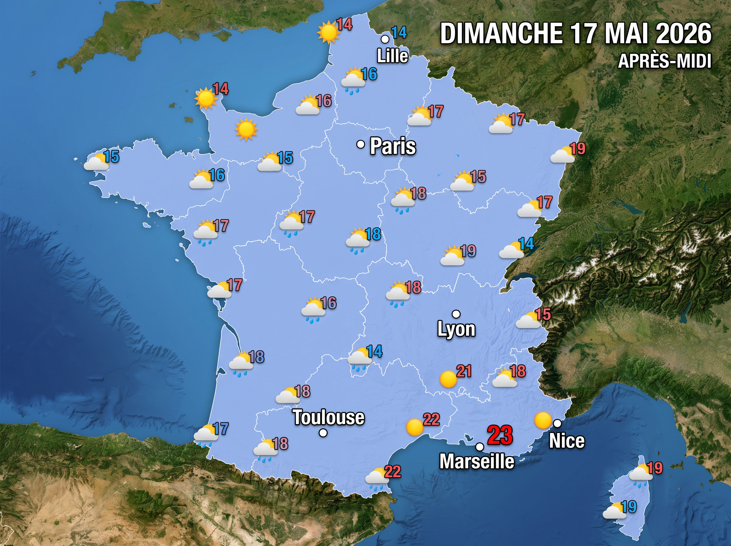Ce dimanche 17 mai 2026, l'ouest subit de fortes averses parfois orageuses. L'est profite d'un temps beaucoup plus sec et lumineux.