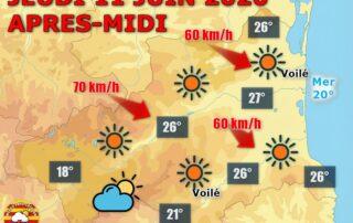 Jeudi 11 juin 2026 – Beau temps sur les P.-O. ! Soleil généreux sur tout le département, Tramontane assez soutenue avec des rafales entre 50 et 70 km/h sur la plaine et le littoral. Températures de 24 à 27°C en journée.