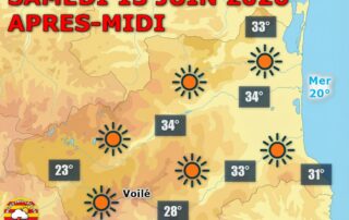 Météo du samedi 13 juin : Soleil et chaleur au rendez-vous ! Beau temps et ciel clair sur les Pyrénées-Orientales ce samedi. Des maximales de 31 à 34°C sur les plaines, largement au-dessus des normales. Une Nouvelle Lune ce soir pour couronner cette belle journée.