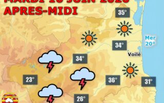 Météo du jour : Coup de chaud ! Ce mardi 16 juin 2026, le soleil domine généreusement avant de laisser place à quelques nuages et orages sur nos reliefs. Les températures s'envolent avec des valeurs de 32 à 35°C en plaine. Une nuit étoilée suivra !