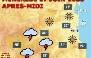 Météo du 17 juin : Coups de chaud et tonnerre ! Ce mercredi 17 juin 2026, le soleil domine en plaine avec une forte chaleur (de 31 à 34°C). Prudence sur nos reliefs (Vallespir, Conflent) où des averses orageuses éclateront dès la fin de matinée ! Nuit très claire en vue.
