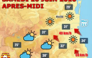 Météo du jour : Chaleur estivale au rendez-vous ! Ce samedi 20 juin 2026, le soleil voilé domine les P.-O. avec des maximales de 32 à 34°C en plaine. Quelques gouttes possibles en Capcir l'après-midi, vent de Sud-Est soutenu sur la côte. Nuit étoilée et très douce.