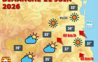 Météo du jour : chaleur sous surveillance ! Dimanche 21 juin 2026, le soleil domine d’abord sur les Pyrénées-Orientales avant des nuages plus nombreux l’après-midi, avec un risque d’orages sur le Conflent et les Fenouillèdes. Vent sensible sur la côte.