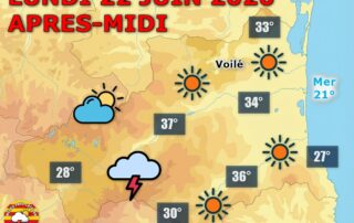 Météo du jour : Soleil et chaleur, gare aux orages en montagne ! Ce lundi 22 juin 2026, le ciel se dégage rapidement sur les Pyrénées-Orientales. Des averses orageuses se forment en montagne en journée. Ailleurs, la chaleur s'installe avec 34 à 37°C en plaine.