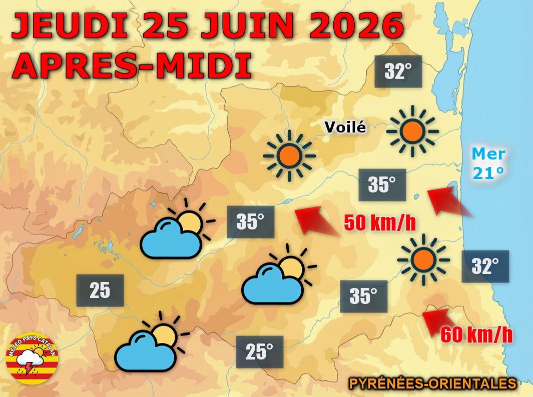 Ce jeudi 25 juin, le voile nuageux domine les Pyrénées-Orientales avec des orages locaux sur le Conflent et la haute montagne en cours de journée. La nuit sera calme et étoilée sur l'ensemble du département.