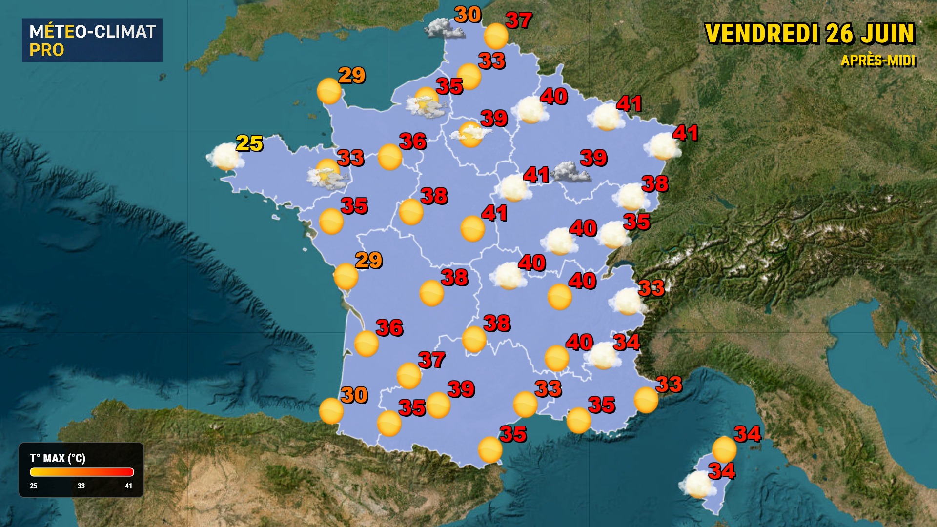 Ce vendredi 26 juin 2026, la canicule étouffe le pays avec des pointes à 40°C. L'ouest respire un peu mieux. Des orages isolés frapperont les reliefs et le nord en soirée.